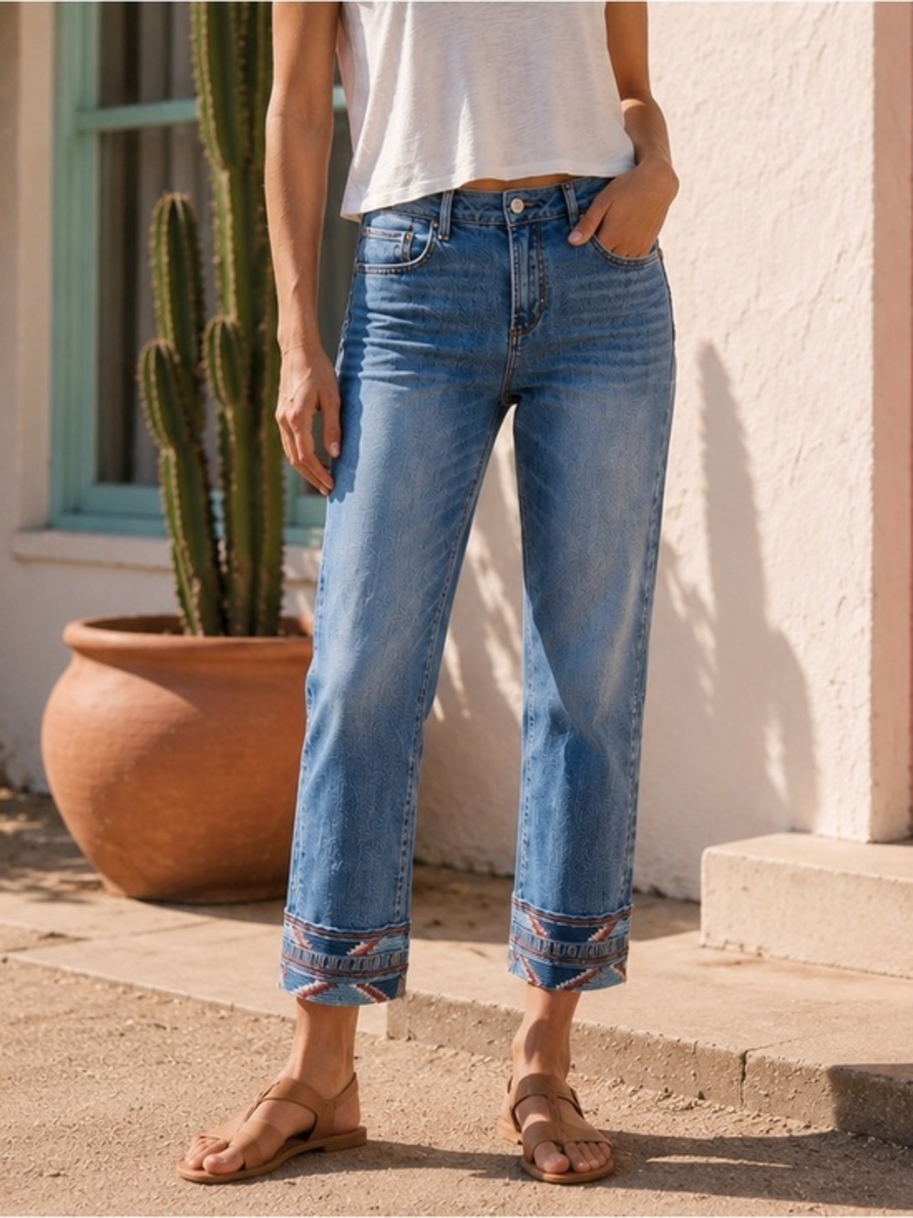 Driftwood Colette Aztec embroidered crop jeans